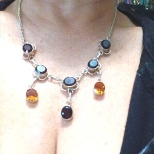 ❤️ Sterling Silver Garnet Citrine Gemstone Drop Necklace 20" Whimsigoth Boho